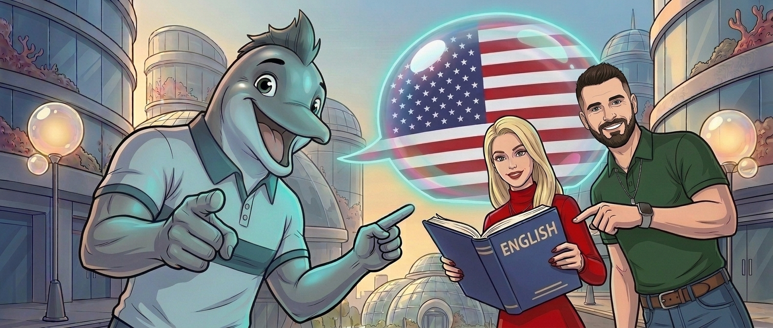 A modern coastal scene from the World of Marinova with Savvy the dolphin humanoid and glowing speech bubbles